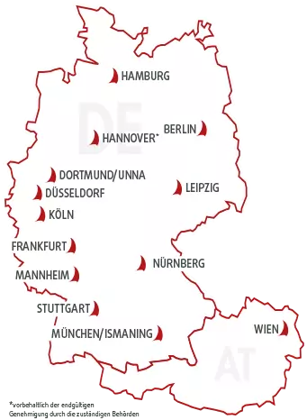 Deutschlandweit Standorte der Hochschule für angewandtes Management