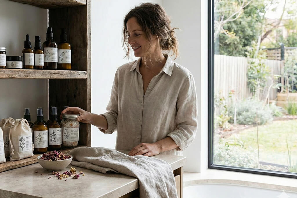 Gründerin präsentiert nachhaltige Natural Beauty Produkte und natürliche Inhaltsstoffe in Glasflaschen auf einem Holzregal.