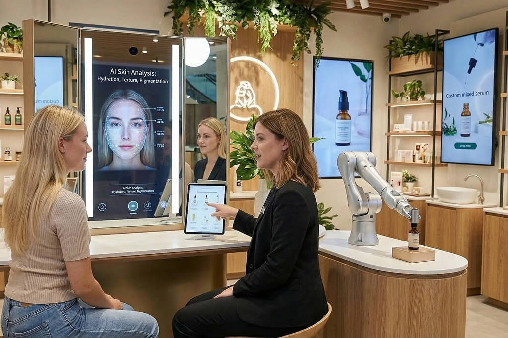 Beauty-Verkäuferin führt eine KI Hautanalyse durch, um der Kundin Skin-Care-Produkte gezielter zu verkaufen.
