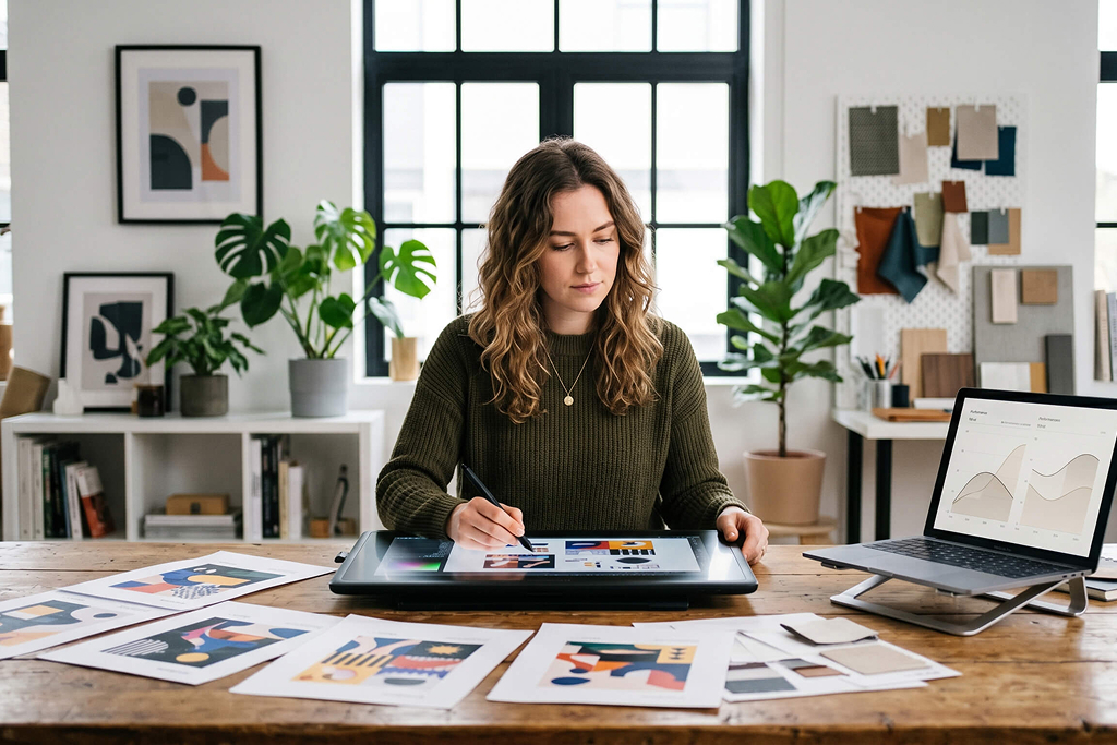 Creative Director am Tablet im Designstudio, KI Design Workflow in der Praxis