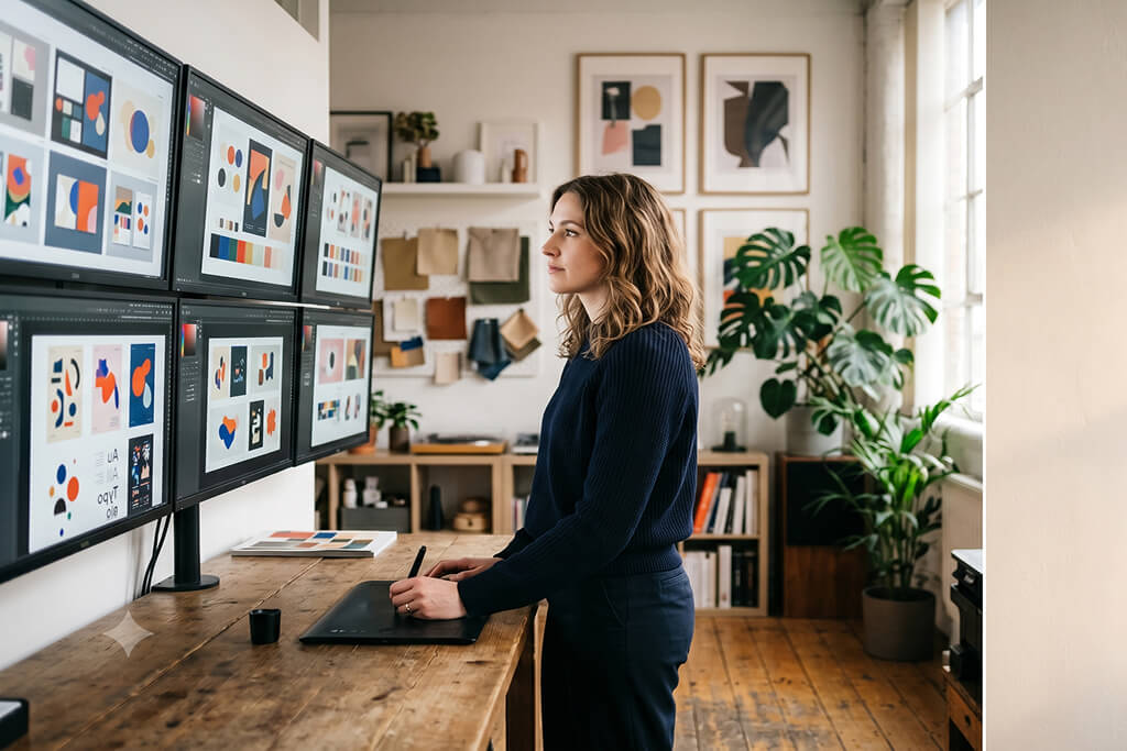 Designerin arbeitet an einem Stehschreibtisch mit einem Grafiktablett vor mehreren Bildschirmen mit Grafikdesign-Entwürfen in einem hellen Büro