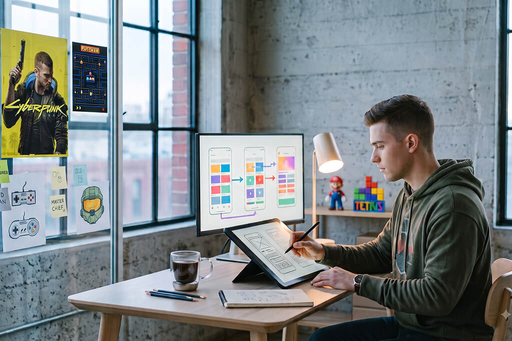 UX Designer skizziert ein App-Wireframe auf einem Tablet im modernen Studio, ein kreativer Beruf im UX Design