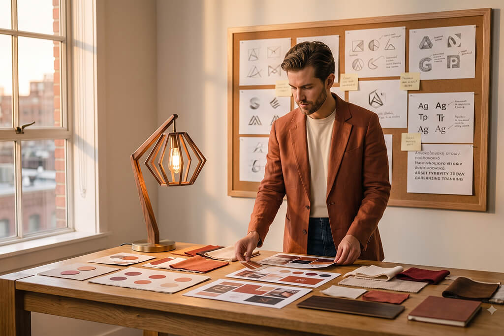 Brand Identity Designer arrangiert Moodboards und Farbmuster im Studio, ein kreativer Beruf im Brand Design